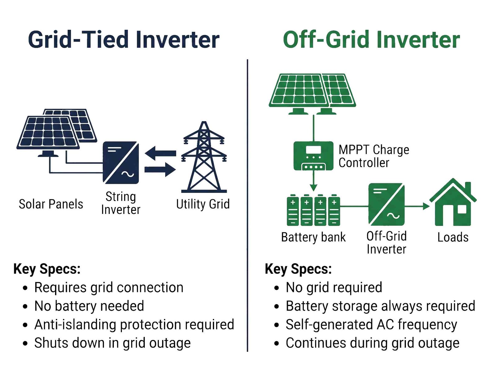 grid-tie inverter vs off-grid inverter diagram